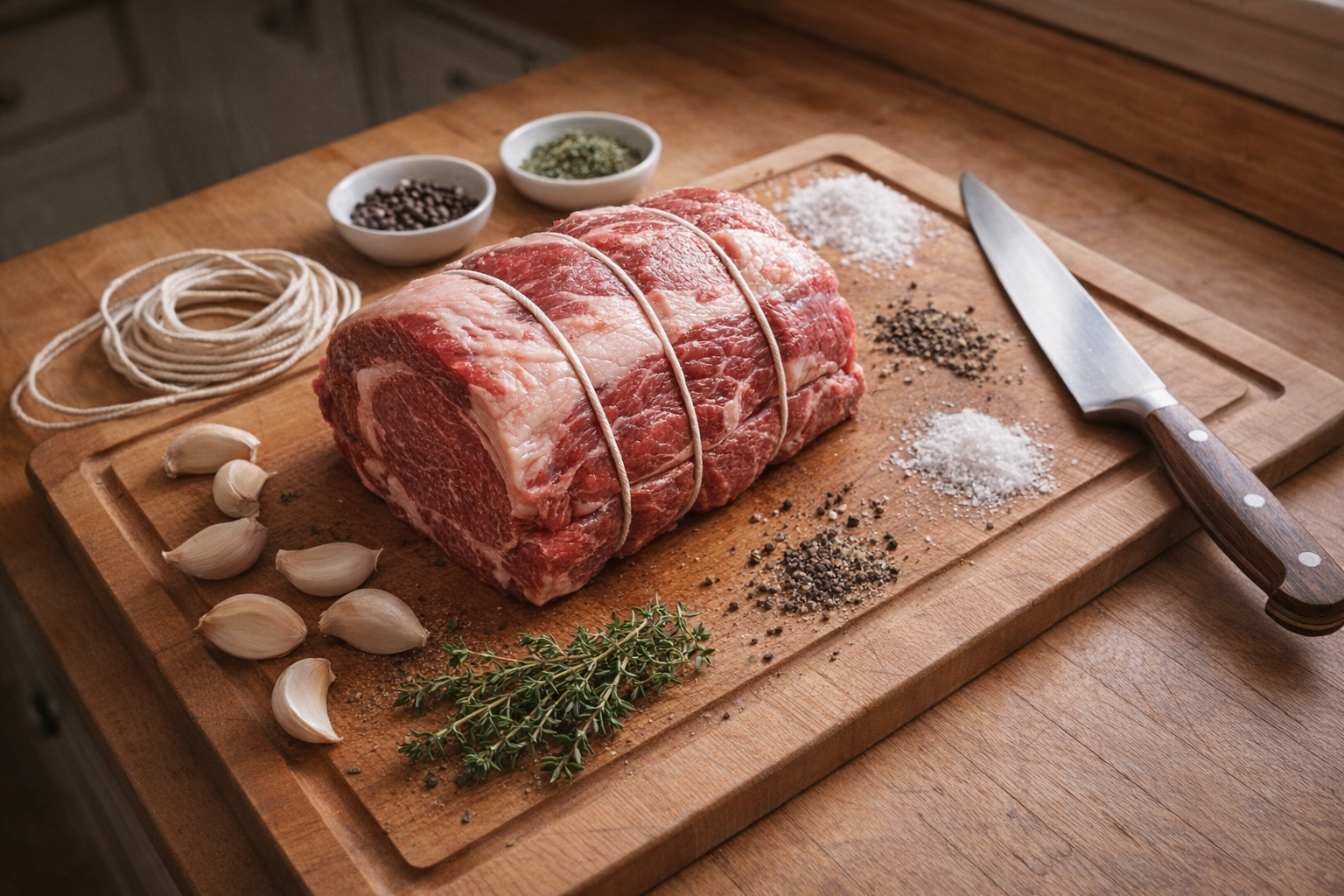 A top-down shot of a raw sirloin roast on a cutting board, surrounded by garlic cloves, salt, pepper, thyme, oregano, kitchen twine, and a carving knife, natural window light